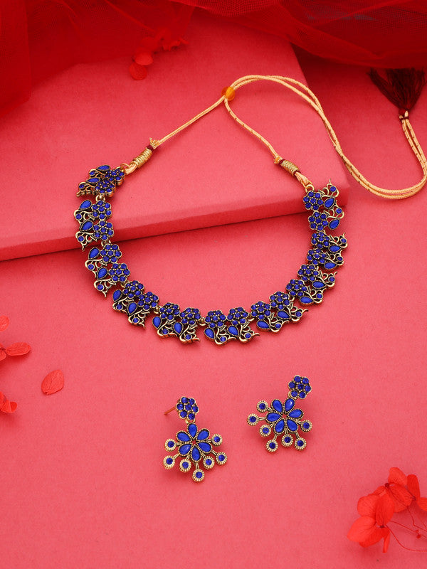 Tehzeeb Creations Luxurious Gold Polished Blue Colour Diamond Choker Necklace Set With Matching Earrings