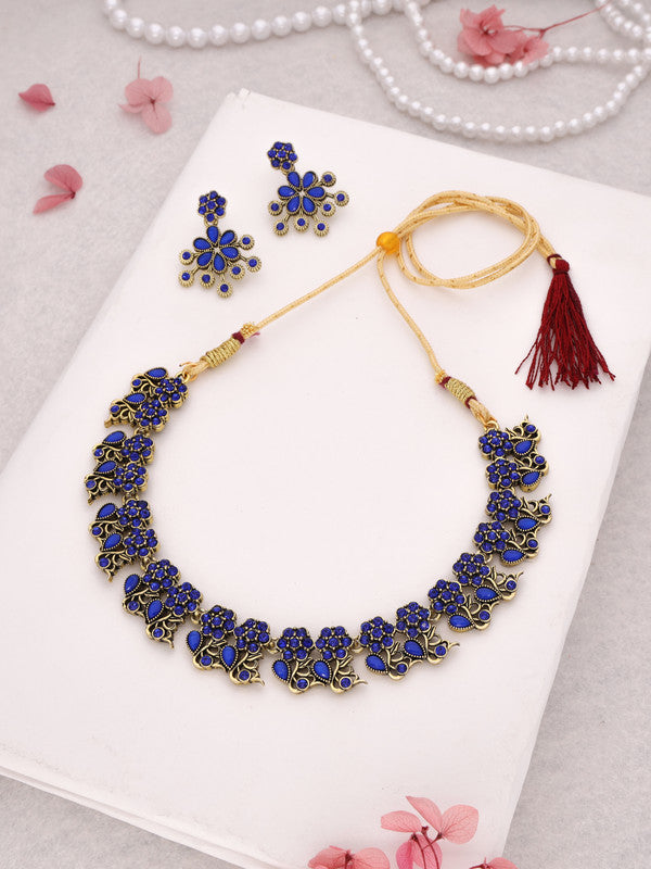 Tehzeeb Creations Luxurious Gold Polished Blue Colour Diamond Choker Necklace Set With Matching Earrings