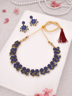 Tehzeeb Creations Luxurious Gold Polished Blue Colour Diamond Choker Necklace Set With Matching Earrings