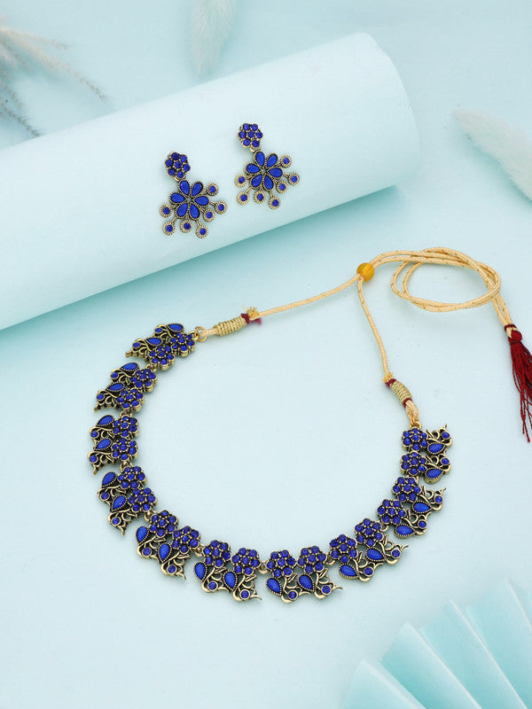 Tehzeeb Creations Luxurious Gold Polished Blue Colour Diamond Choker Necklace Set With Matching Earrings