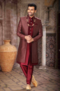 Raivat Ethnic Banarasi Jacquard and Art Silk Embroidery Work 3 Pcs Indo Jacket Set In Wine Colour