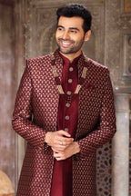 Raivat Ethnic Banarasi Jacquard and Art Silk Embroidery Work 3 Pcs Indo Jacket Set In Wine Colour