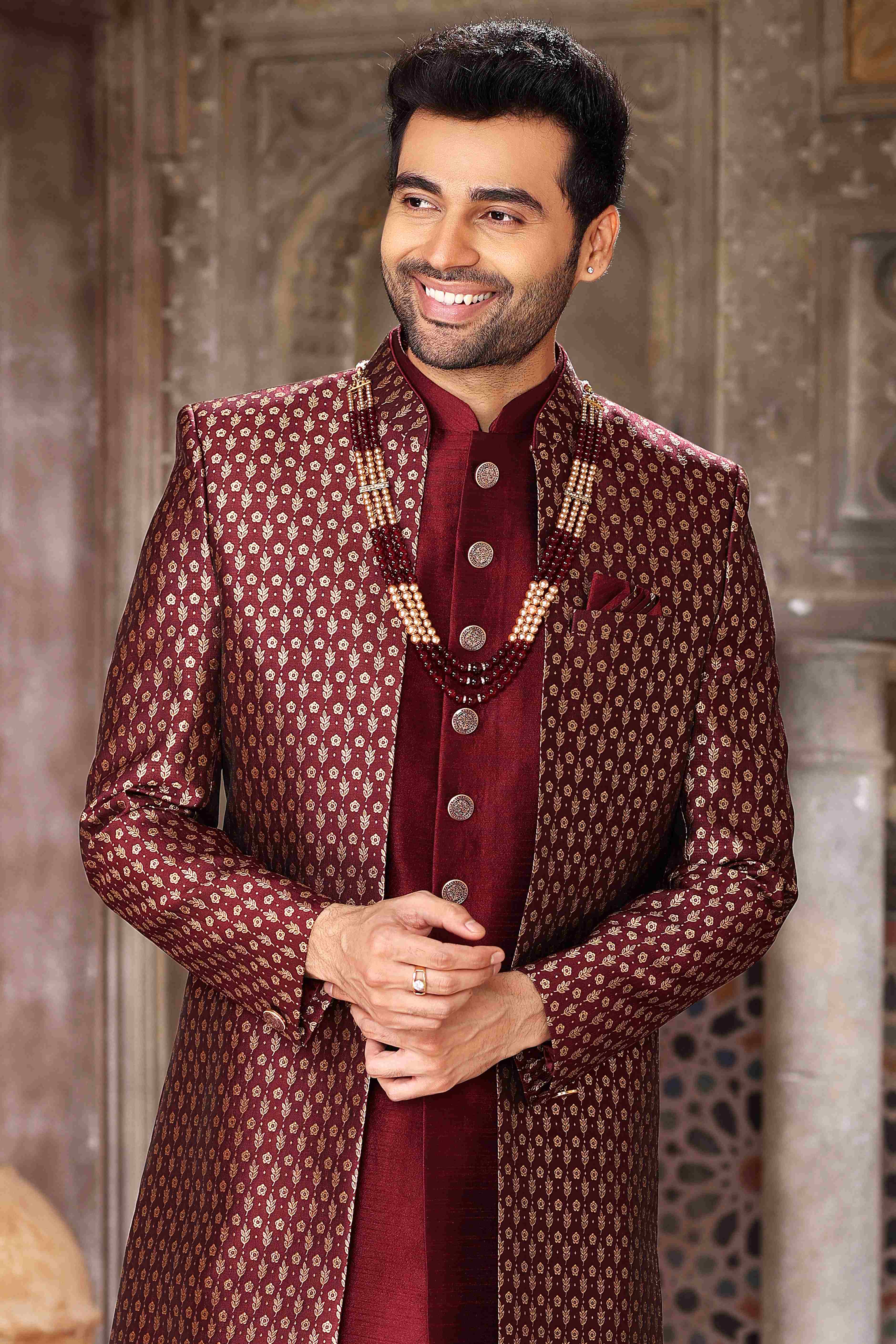 Raivat Ethnic Banarasi Jacquard and Art Silk Embroidery Work 3 Pcs Indo Jacket Set In Wine Colour