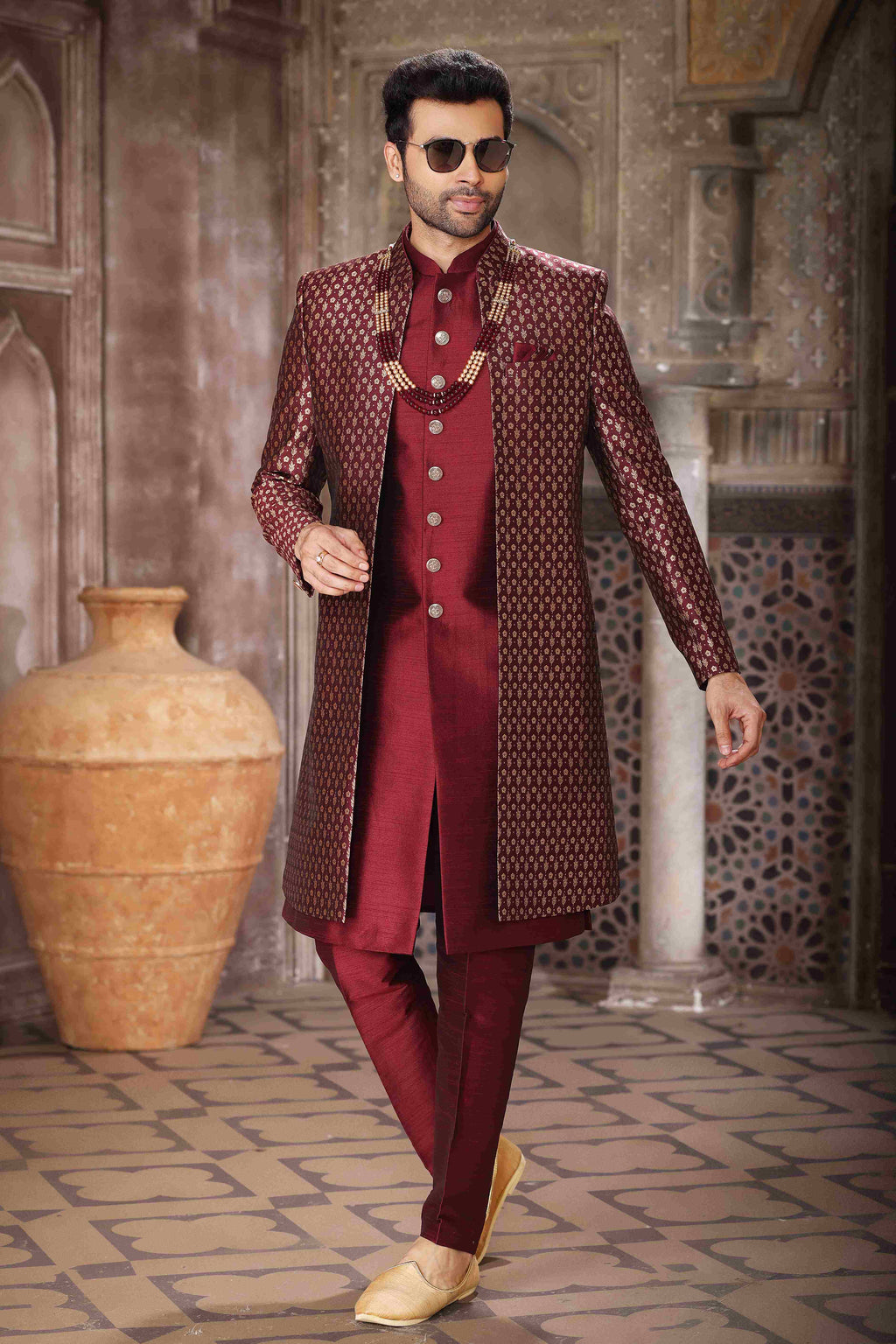 Raivat Ethnic Banarasi Jacquard and Art Silk Embroidery Work 3 Pcs Indo Jacket Set In Wine Colour