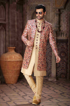 Raivat Ethnic Art Silk Embroidery Work 3 Pcs Indo Jacket Set In Maroon and Beige Colour