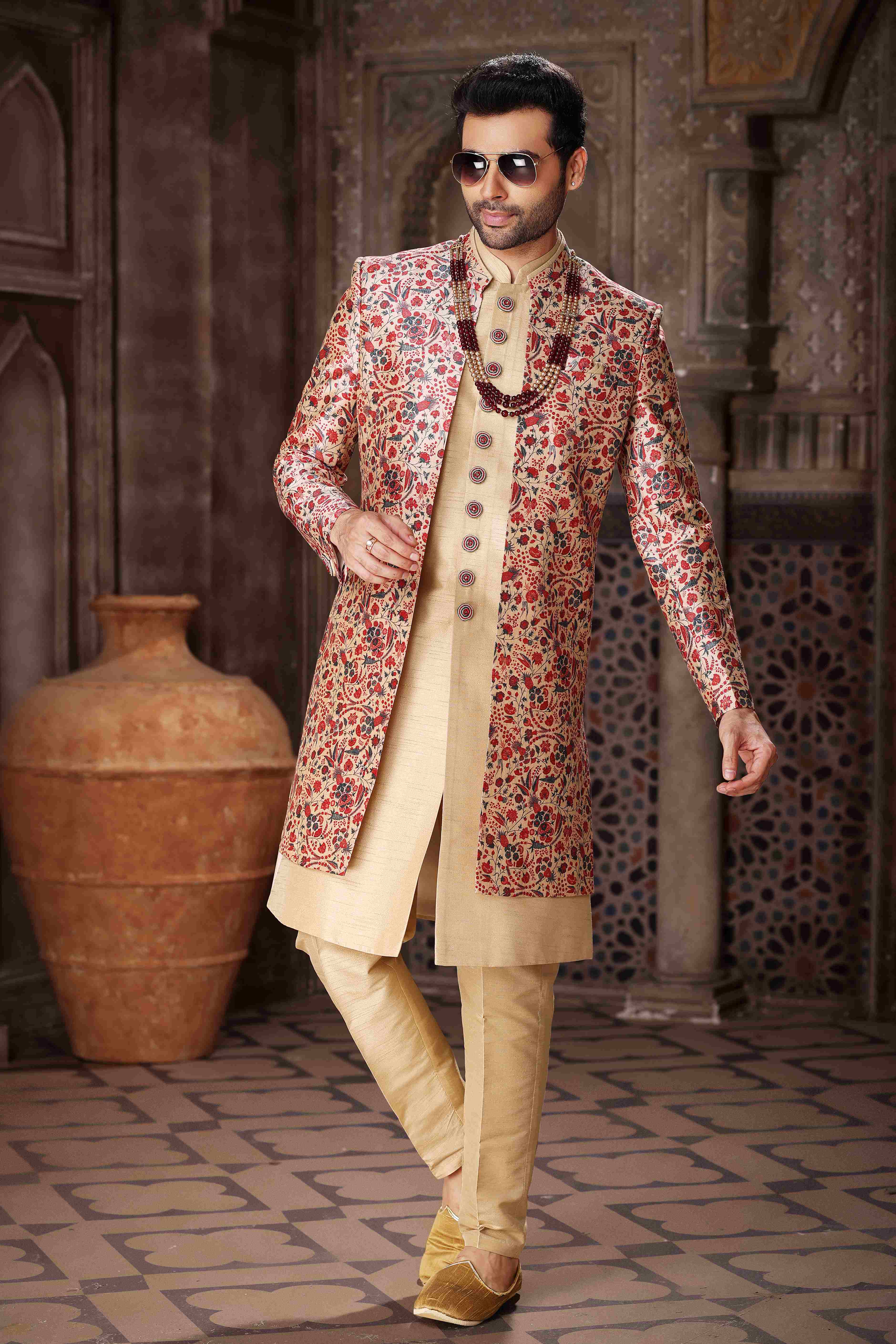 Raivat Ethnic Art Silk Embroidery Work 3 Pcs Indo Jacket Set In Maroon and Beige Colour