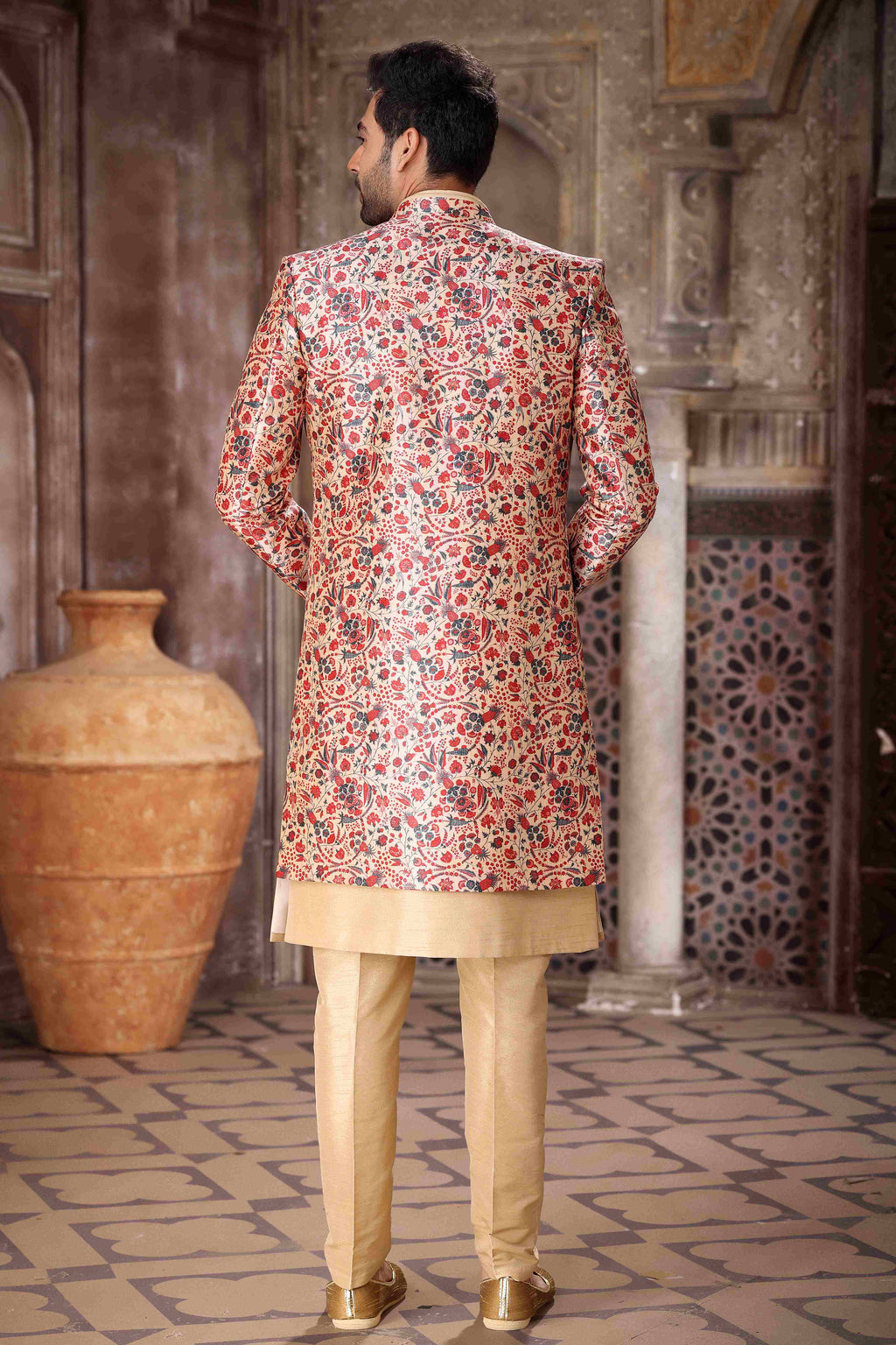 Raivat Ethnic Art Silk Embroidery Work 3 Pcs Indo Jacket Set In Maroon and Beige Colour
