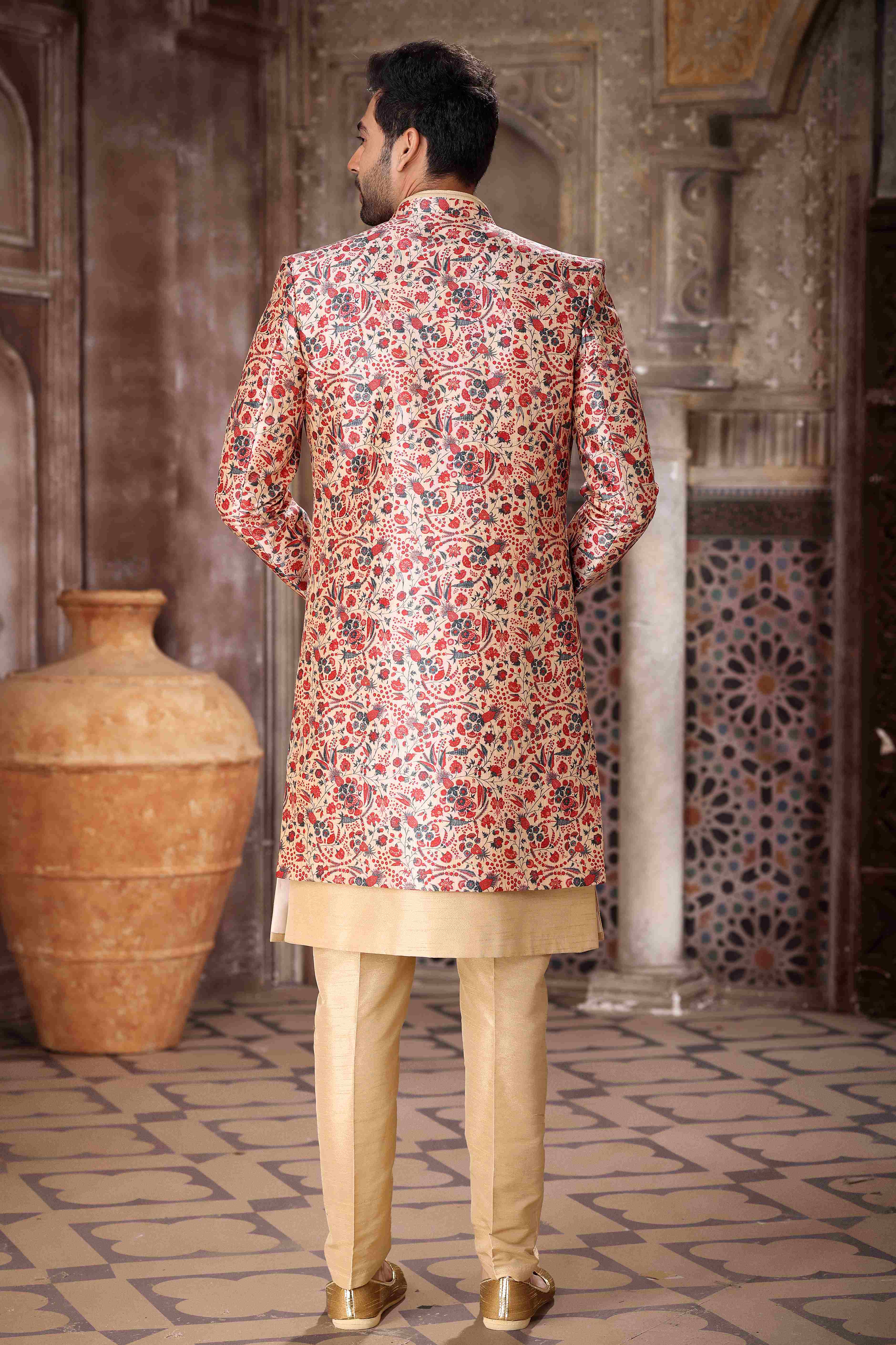 Raivat Ethnic Art Silk Embroidery Work 3 Pcs Indo Jacket Set In Maroon and Beige Colour