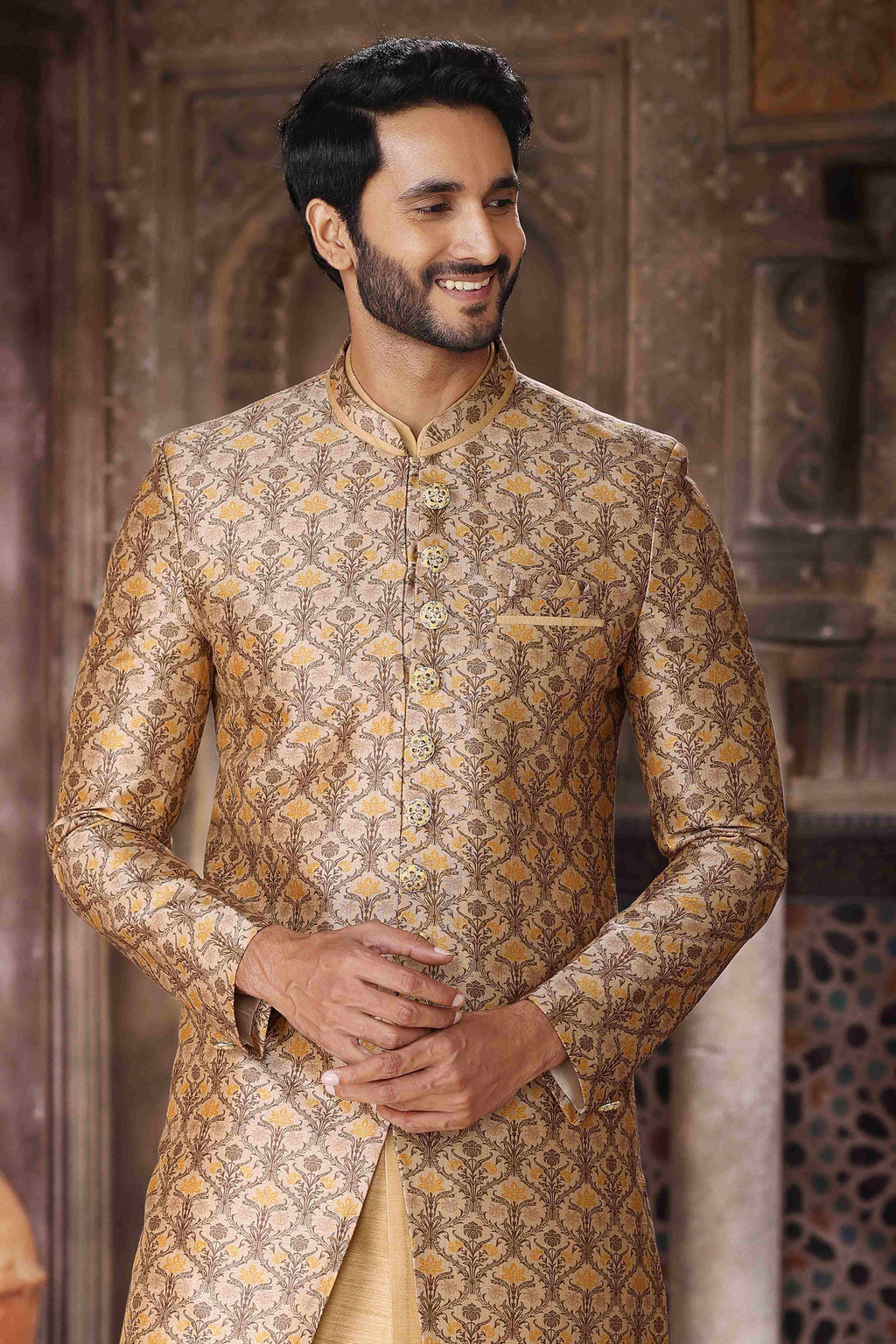 Raivat Ethnic Art Silk Embroidery Work 3 Pcs Indo Jacket Set In Yellow and Beige Colour