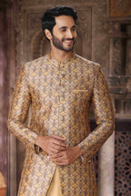 Raivat Ethnic Art Silk Embroidery Work 3 Pcs Indo Jacket Set In Yellow and Beige Colour
