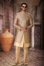 Raivat Ethnic Art Silk Embroidery Work 3 Pcs Indo Jacket Set In Yellow and Beige Colour