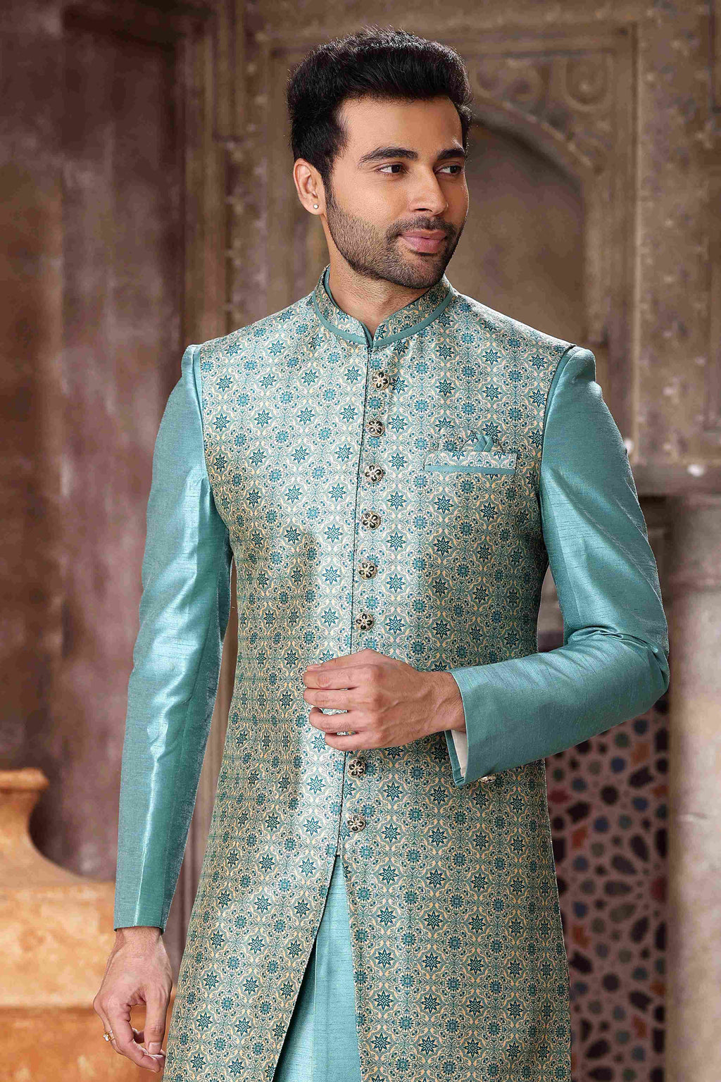Raivat Ethnic Art Silk Embroidery Work 3 Pcs Indo Jacket Set In Sky Blue Colour