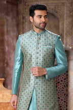 Raivat Ethnic Art Silk Embroidery Work 3 Pcs Indo Jacket Set In Sky Blue Colour