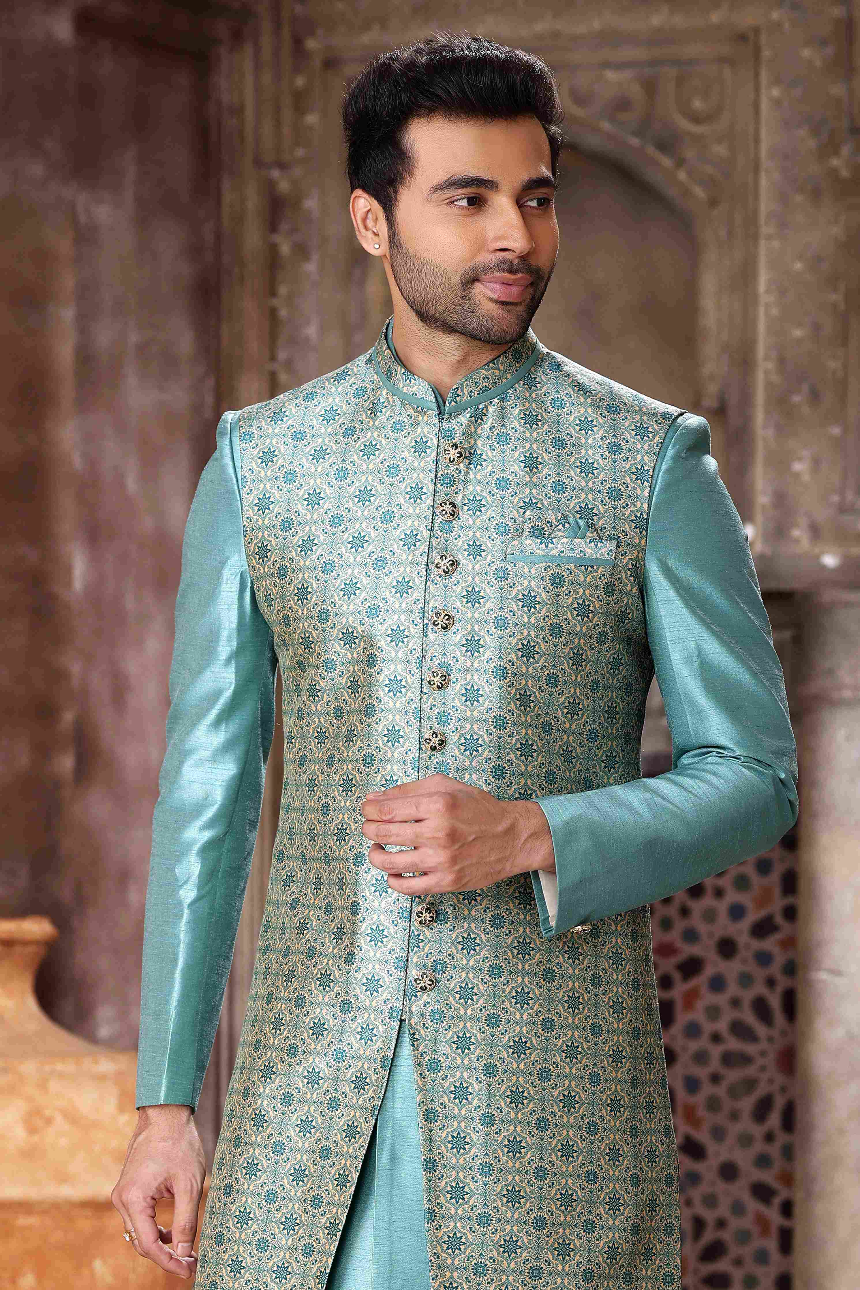 Raivat Ethnic Art Silk Embroidery Work 3 Pcs Indo Jacket Set In Sky Blue Colour