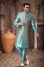 Raivat Ethnic Art Silk Embroidery Work 3 Pcs Indo Jacket Set In Sky Blue Colour