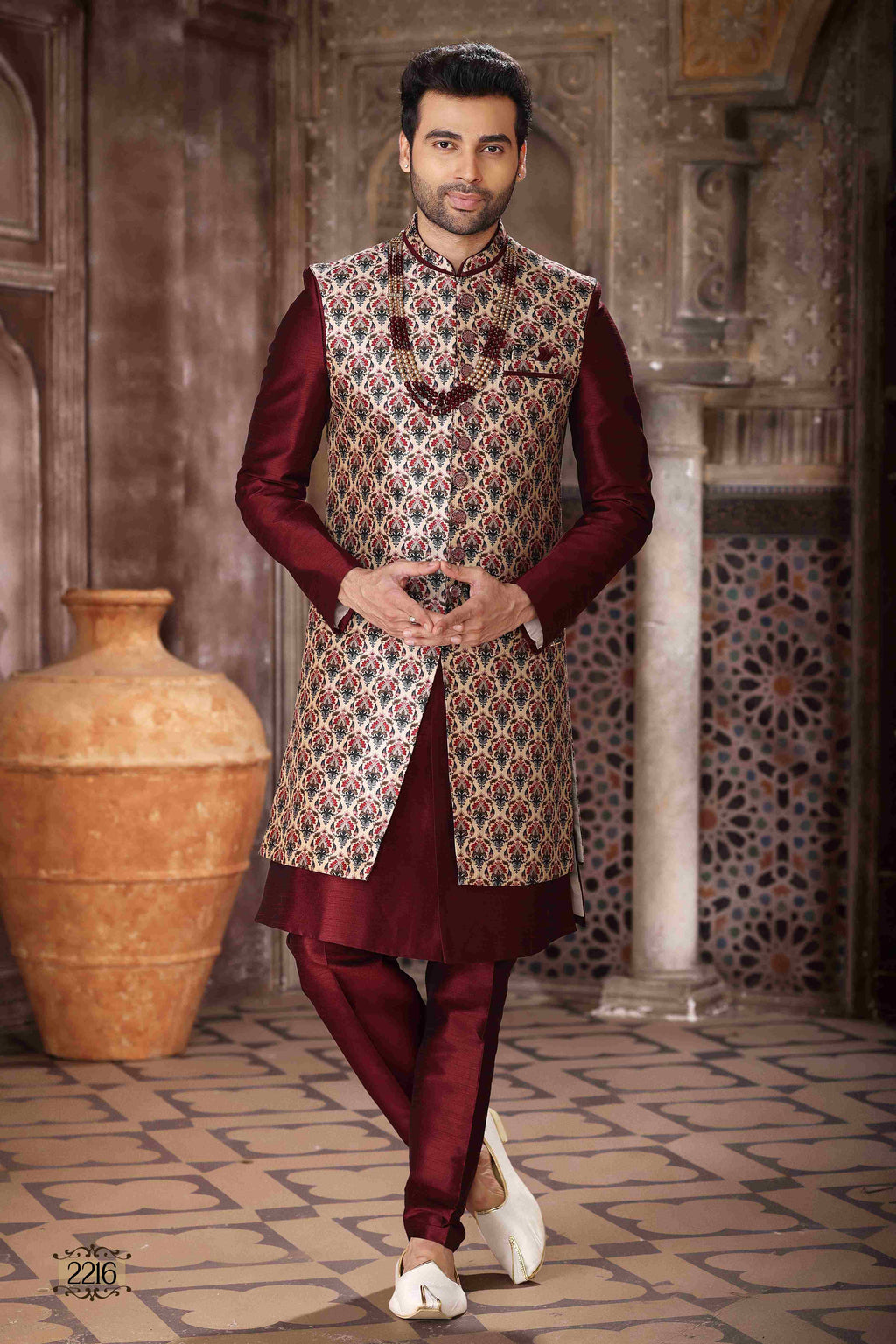 Raivat Ethnic Art Silk Embroidery Work 3 Pcs Indo Jacket Set In Maroon and Wine Colour