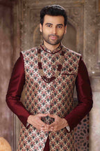 Raivat Ethnic Art Silk Embroidery Work 3 Pcs Indo Jacket Set In Maroon and Wine Colour
