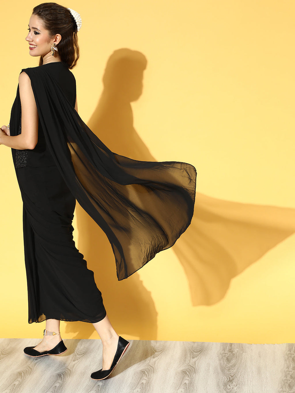 Juniper Women Black Georgette Embellished Saree Style Dress - Distacart