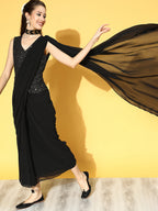 Juniper Women Black Georgette Embellished Saree Style Dress - Distacart