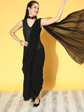 Juniper Women Black Georgette Embellished Saree Style Dress - Distacart