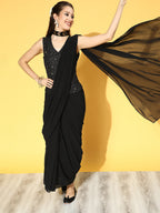Juniper Women Black Georgette Embellished Saree Style Dress - Distacart