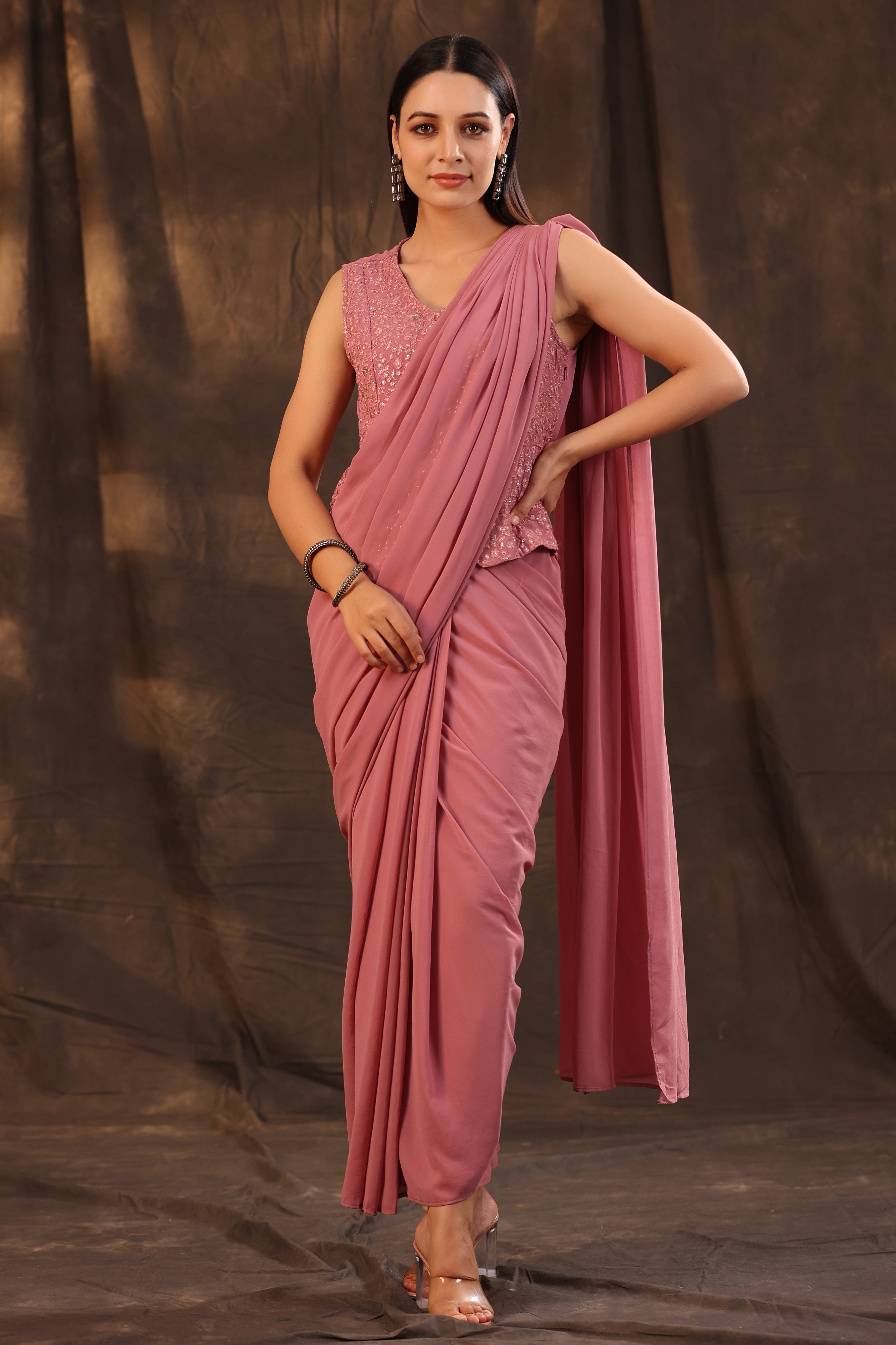 Juniper Women Rosegold Georgette Embellished Saree Style Dress - Distacart