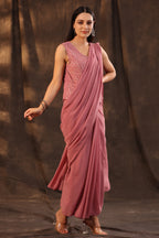 Juniper Women Rosegold Georgette Embellished Saree Style Dress - Distacart