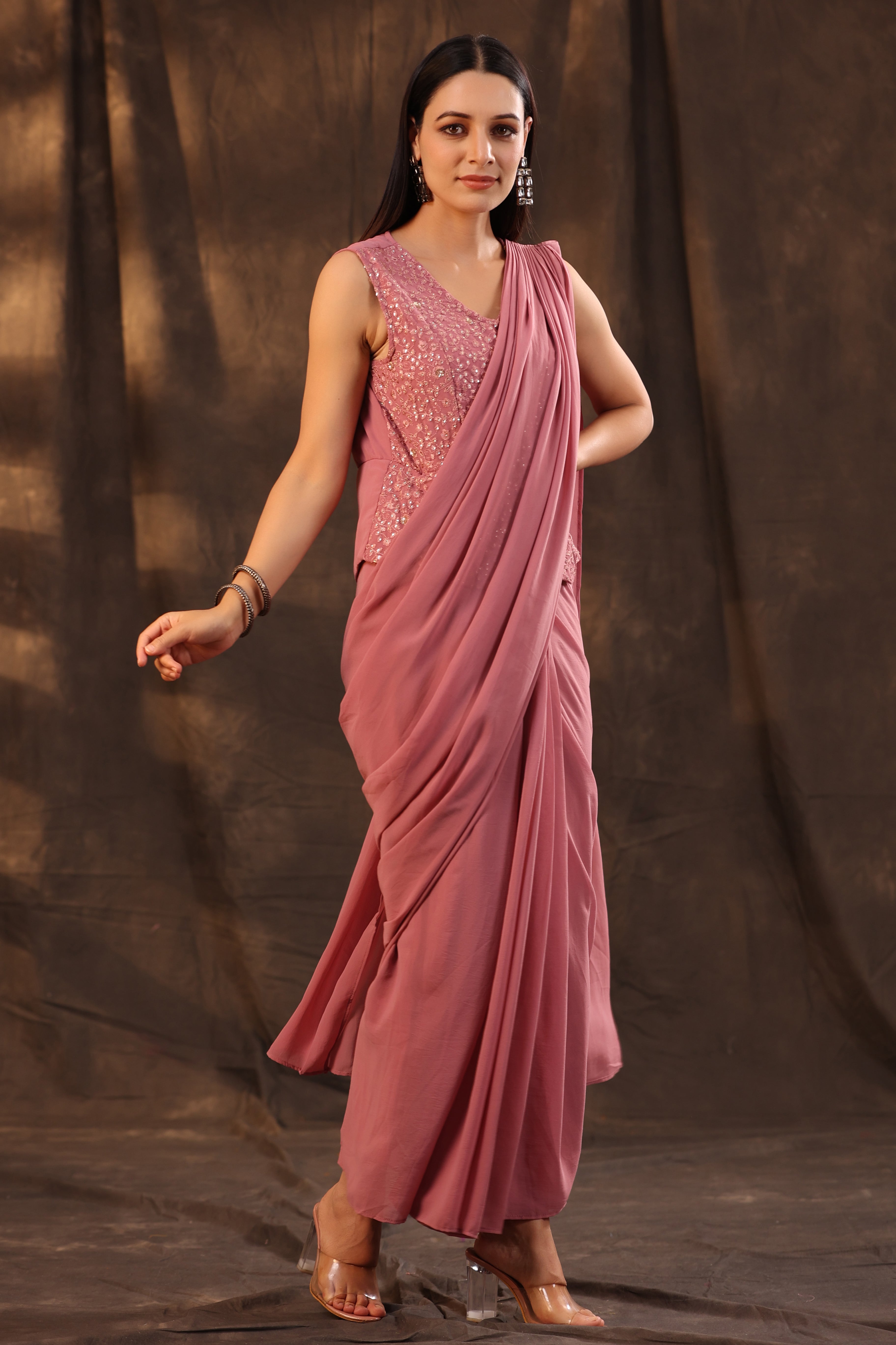 Juniper Women Rosegold Georgette Embellished Saree Style Dress - Distacart