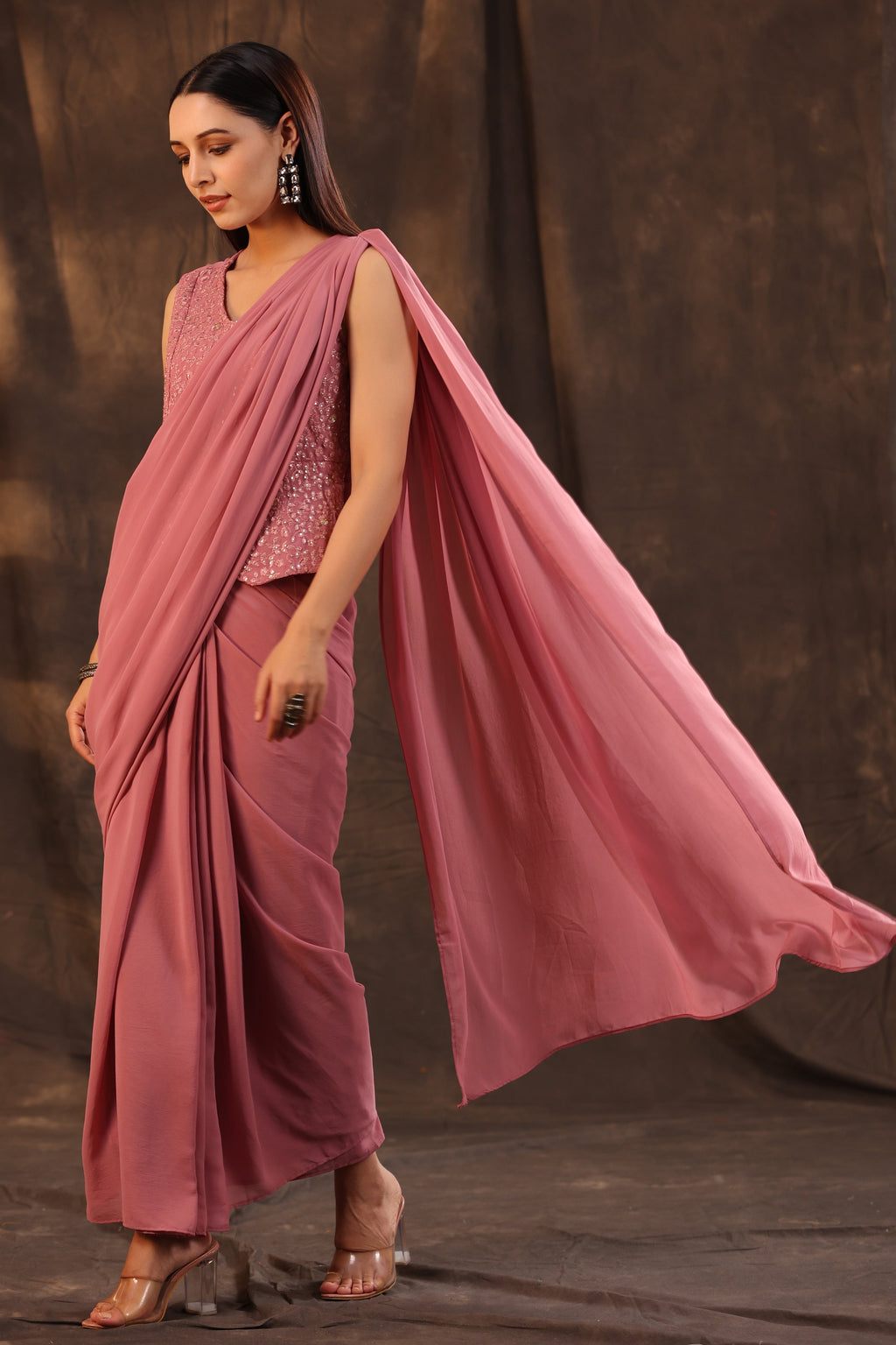 Juniper Women Rosegold Georgette Embellished Saree Style Dress - Distacart