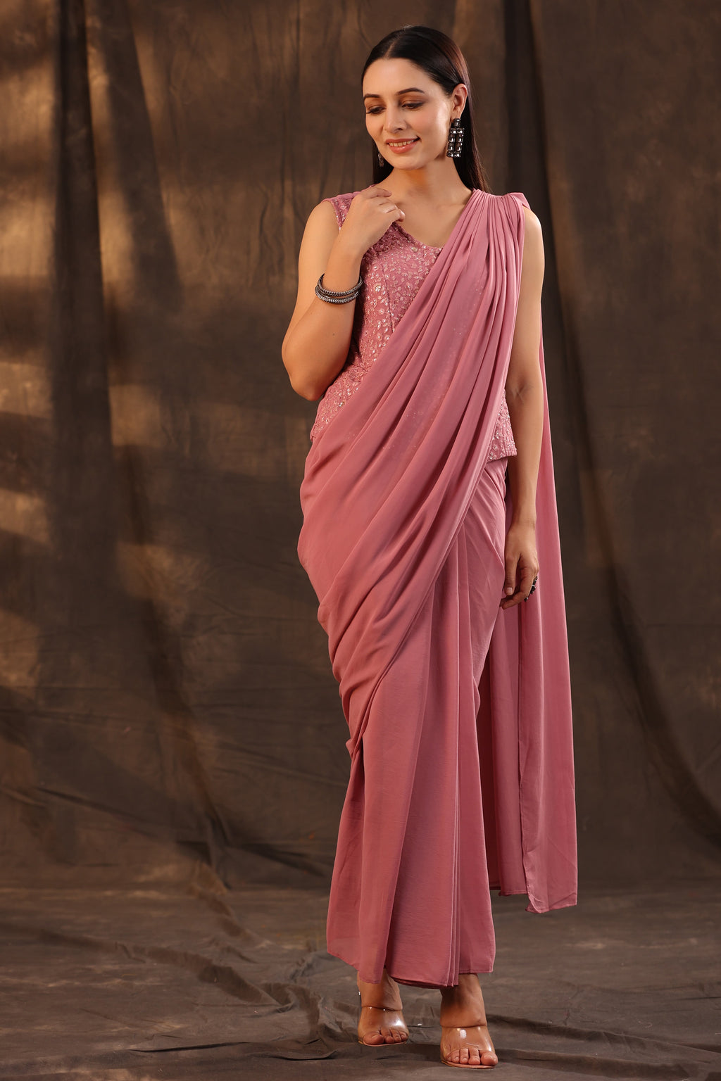 Juniper Women Rosegold Georgette Embellished Saree Style Dress - Distacart