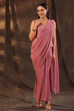 Juniper Women Rosegold Georgette Embellished Saree Style Dress - Distacart