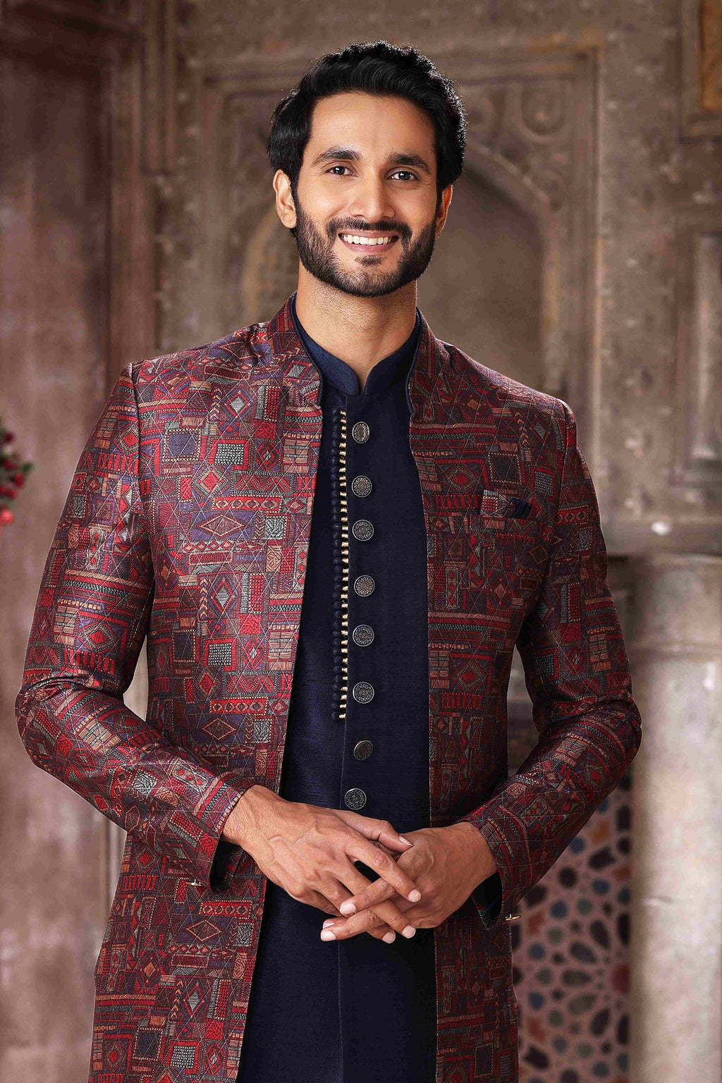 Raivat Ethnic Art Silk Embroidery Work 3 Pcs Indo Jacket Set In Maroon and Blue Colour