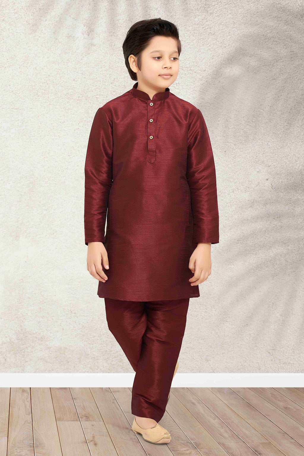 Raivat Ethnic Art Banarasi Silk Kids Kurta Pajama In Maroon Colour