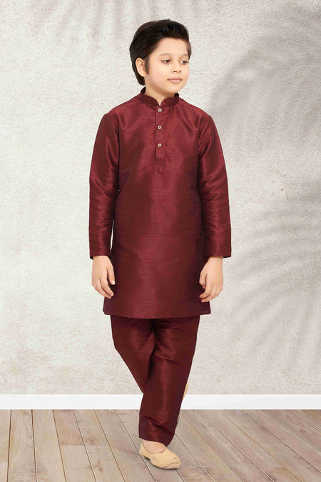 Raivat Ethnic Art Banarasi Silk Kids Kurta Pajama In Maroon Colour