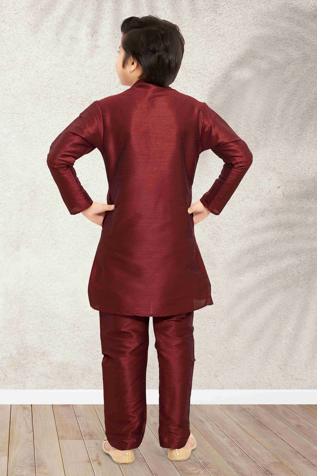 Raivat Ethnic Art Banarasi Silk Kids Kurta Pajama In Maroon Colour