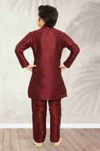 Raivat Ethnic Art Banarasi Silk Kids Kurta Pajama In Maroon Colour