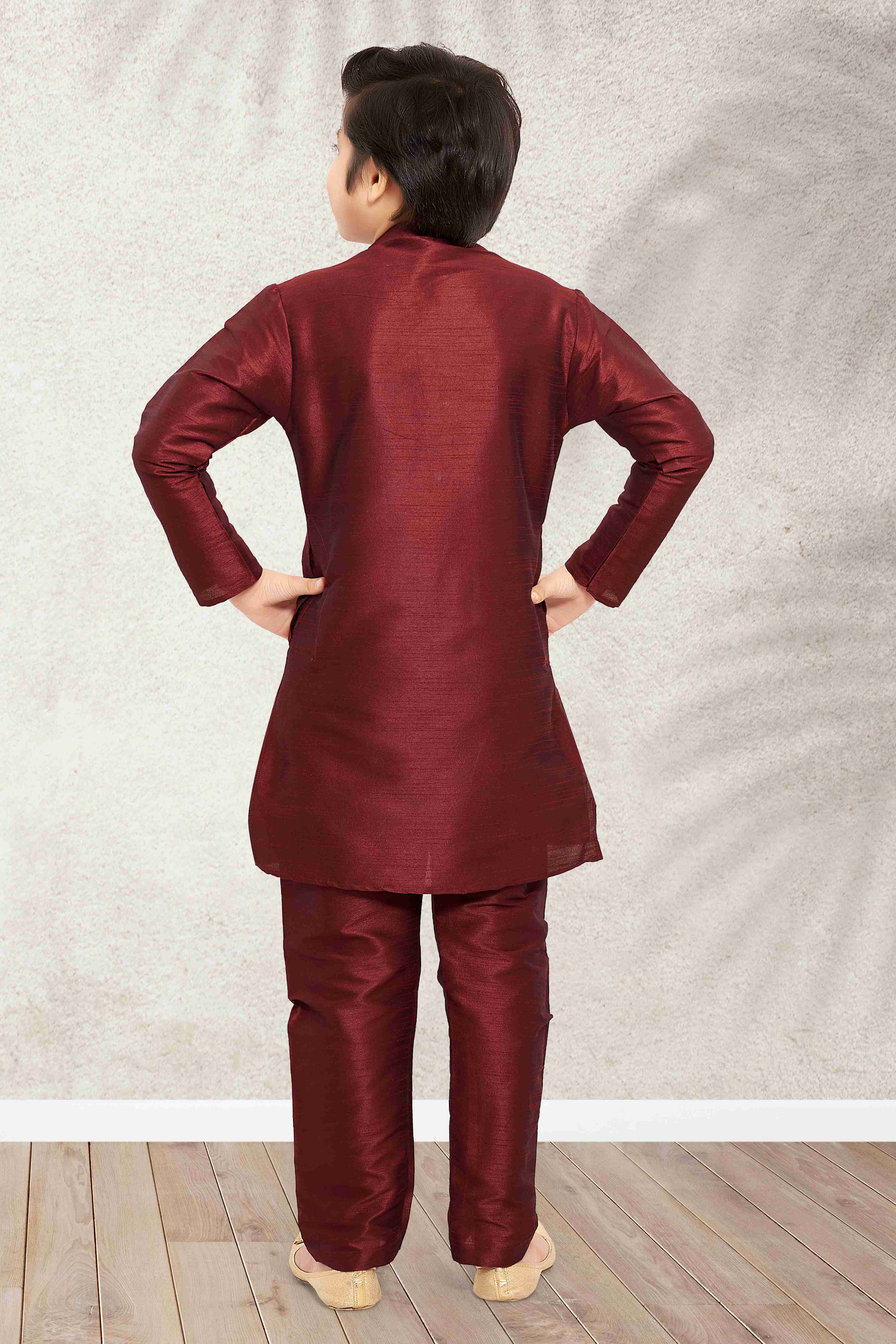 Raivat Ethnic Art Banarasi Silk Kids Kurta Pajama In Maroon Colour