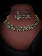 Tehzeeb Creations Luxurious Gold Polished Green Colour Diamond Choker Necklace Set With Matching Earrings