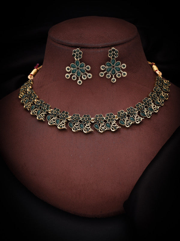 Tehzeeb Creations Luxurious Gold Polished Green Colour Diamond Choker Necklace Set With Matching Earrings