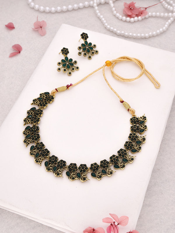 Tehzeeb Creations Luxurious Gold Polished Green Colour Diamond Choker Necklace Set With Matching Earrings