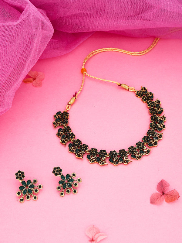 Tehzeeb Creations Luxurious Gold Polished Green Colour Diamond Choker Necklace Set With Matching Earrings