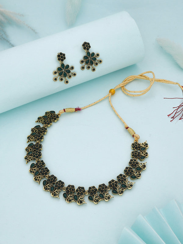 Tehzeeb Creations Luxurious Gold Polished Green Colour Diamond Choker Necklace Set With Matching Earrings