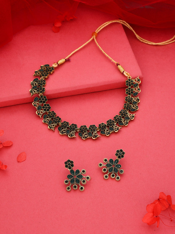 Tehzeeb Creations Luxurious Gold Polished Green Colour Diamond Choker Necklace Set With Matching Earrings