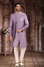 Raivat Ethnic Art Silk Embroidery Work Sherwani In Lavender Colour
