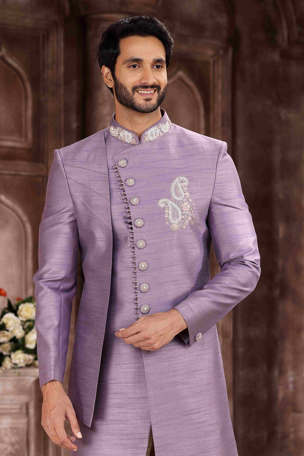 Raivat Ethnic Art Silk Embroidery Work Sherwani In Lavender Colour