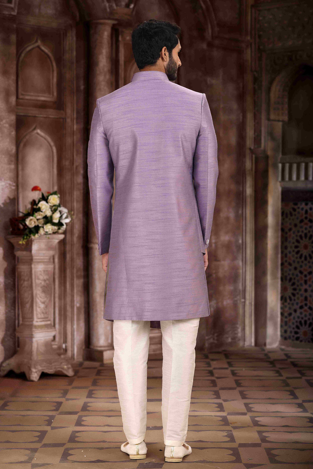 Raivat Ethnic Art Silk Embroidery Work Sherwani In Lavender Colour