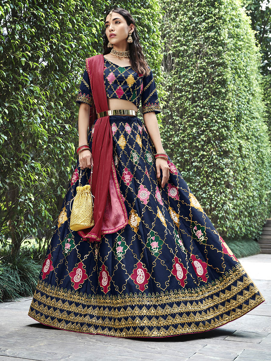 Myra Navy Silk Embroidered Designer Lehenga Choli