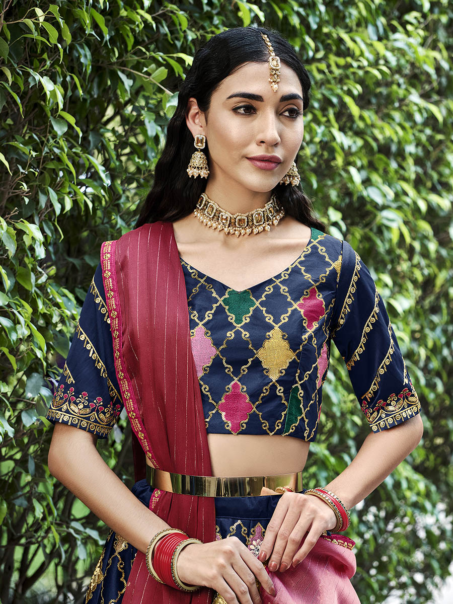 Myra Navy Silk Embroidered Designer Lehenga Choli