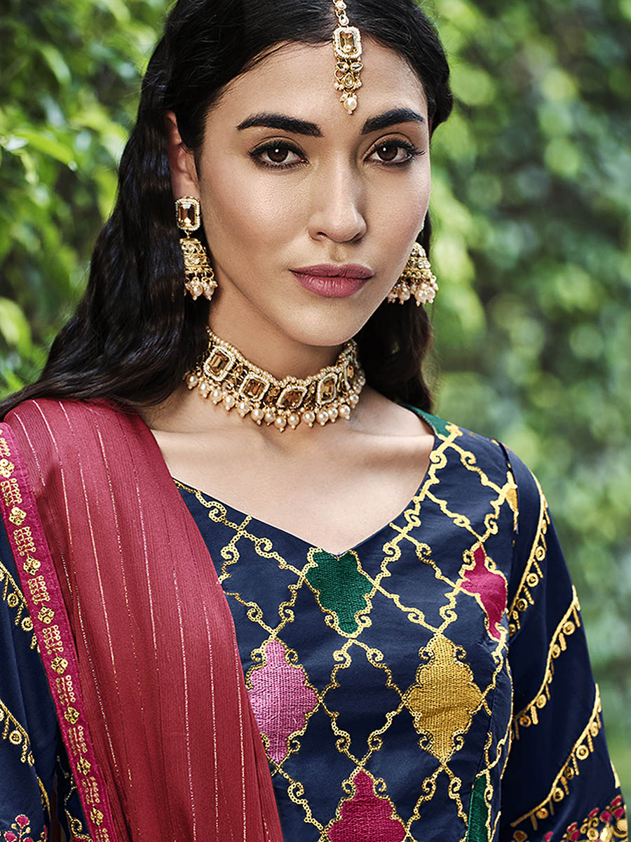 Myra Navy Silk Embroidered Designer Lehenga Choli