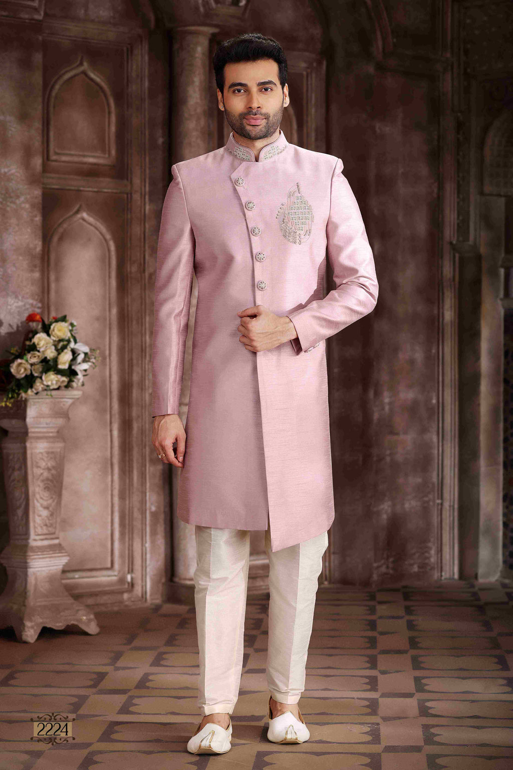 Raivat Ethnic Art Silk Embroidery Work Sherwani In Onion Pink Colour
